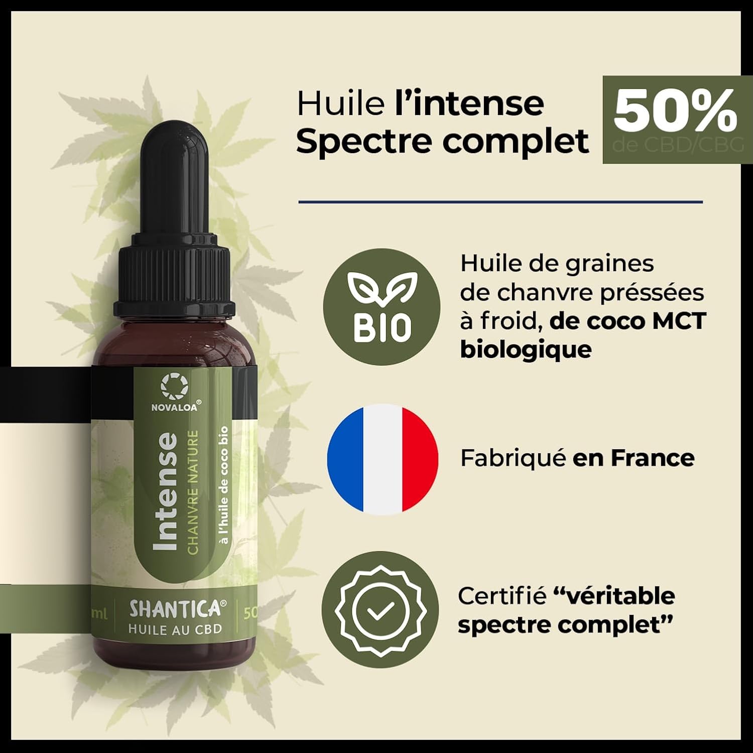 Huile L'Intense - À Partir d'Huile de Graines de Chanvre Pressées à Froid 5000mg - Fabriquée en France - 10 ml