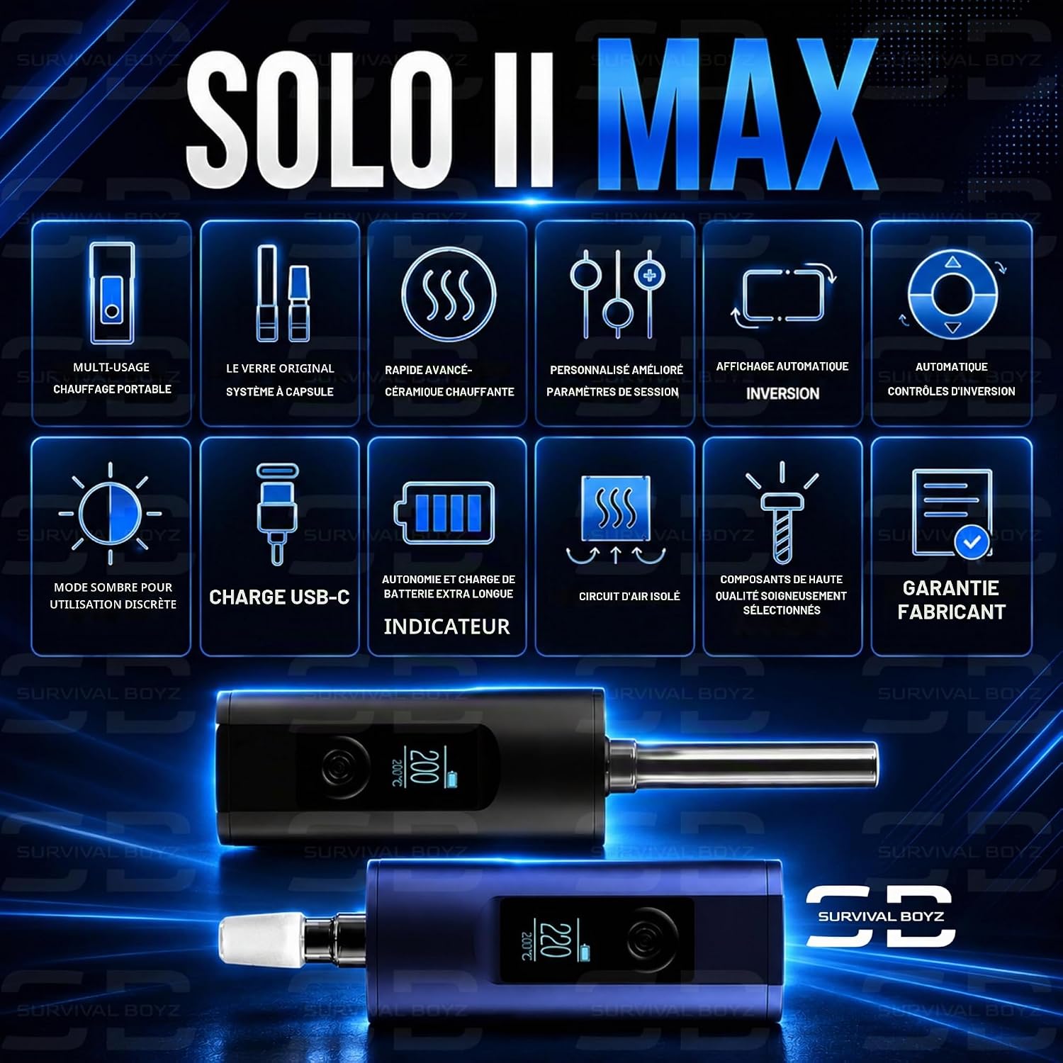 Arizer Solo II Max Vaporisateur d'herbes sèches avec câble USB-C 3A, batterie amovible, chauffage en céramique, mode sombre, chemin d'air isolé, sans nicotine (bleu mystique) Bleu mystique.
