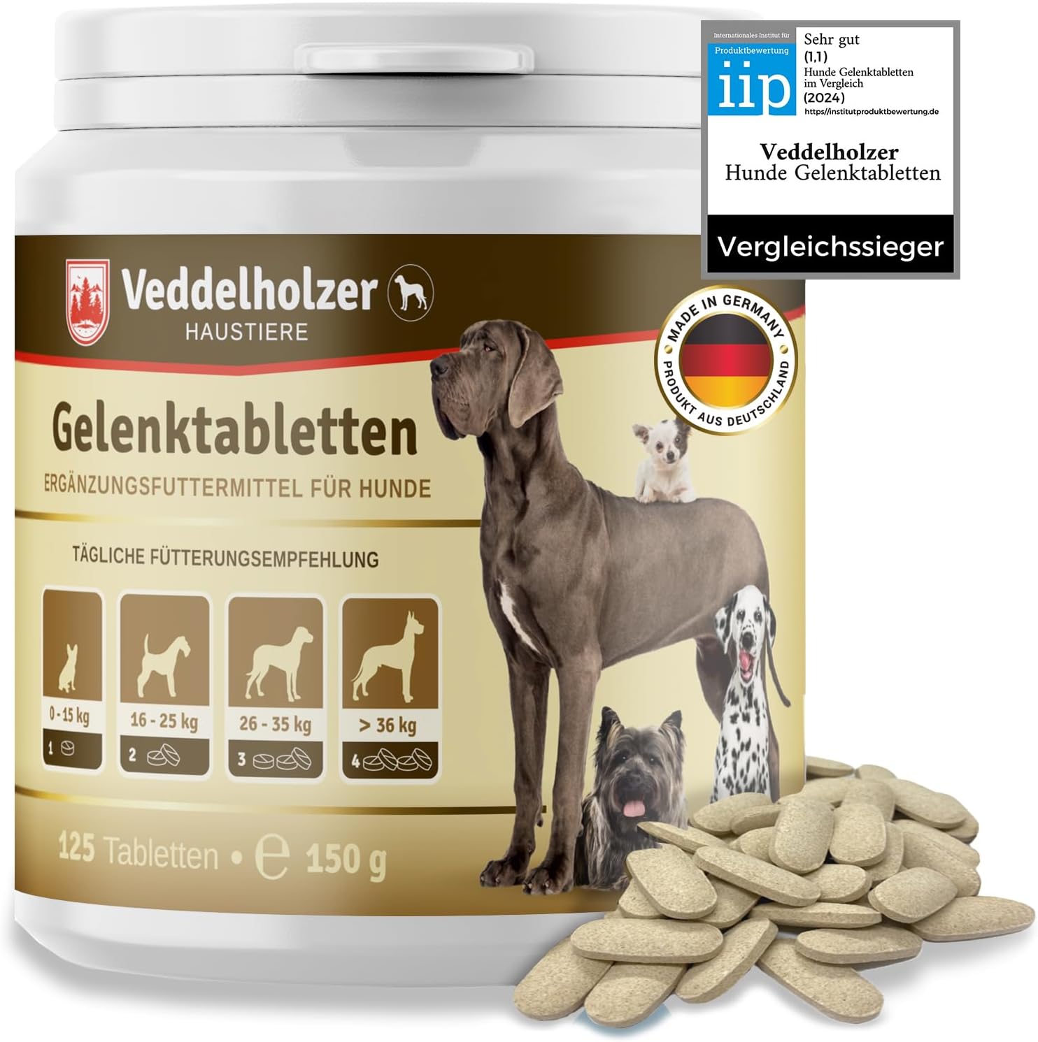 Veddelholzer LAURÉAT DE COMPARAISON DE Produits 2024 Comprimés Anti arthrose Chien articulations pour Chiens avec Moule aux orles Vertes MSM & Griffe du Diable, glucosamine & collagène 125 comprimés