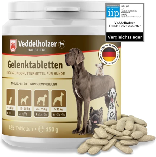 Veddelholzer LAURÉAT DE COMPARAISON DE Produits 2024 Comprimés Anti arthrose Chien articulations pour Chiens avec Moule aux orles Vertes MSM & Griffe du Diable, glucosamine & collagène 125 comprimés