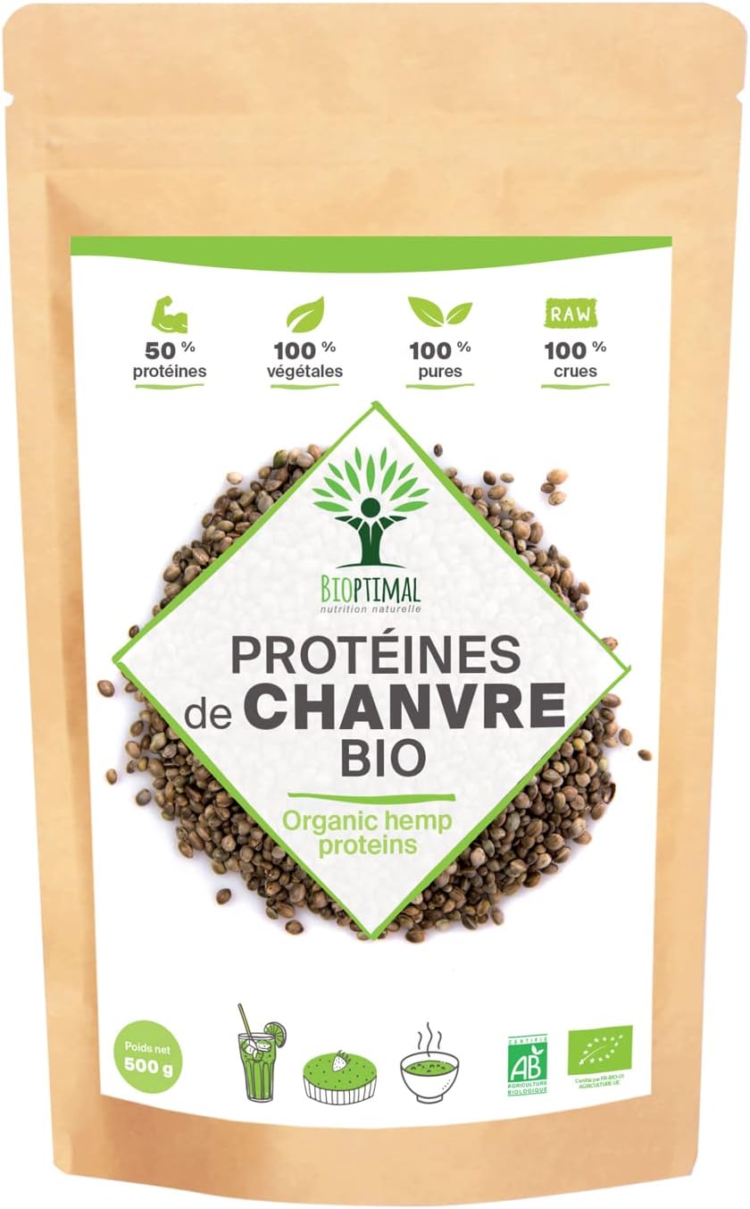 Protéine de Chanvre Bio - Bioptimal - 50% de Protéines - BCAA Oméga 3 Fibres - Poudre de Graine de Chanvre Crue - Cultivé en Europe - 100% Pur - Conditionné en France - Certifié par Ecocert - 500 g Goût neutre 500 g (Lot de 1)
