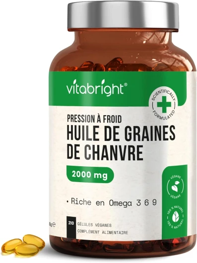 Huile de Chanvre en Gélules - 210 gélules - 2-3 Mois - 100% Pur Grains de Chanvre Pressé à Froid - Riche en Oméga 3, 6 et 9 - VitaBright Hemp Seed Oil