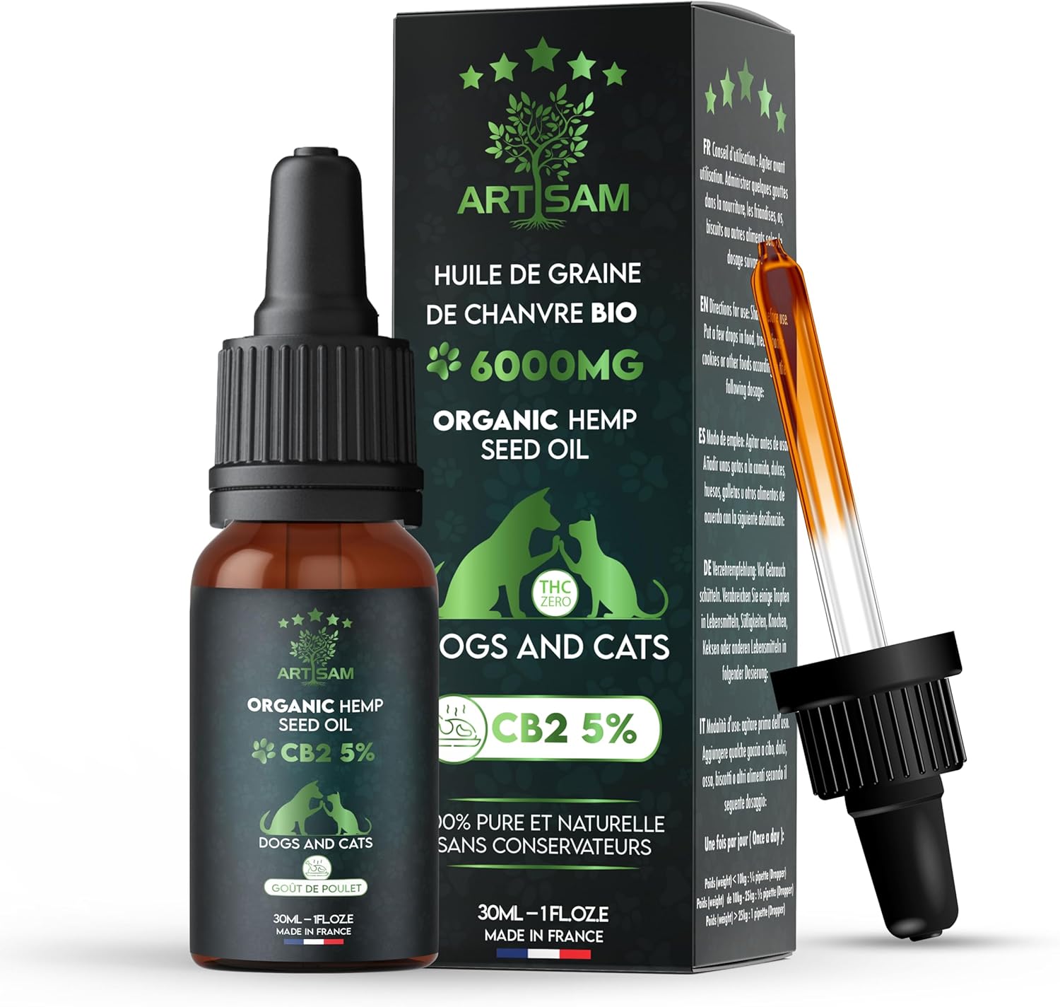 Huile de Graines de Chanvre Sativa 5% 6000 MG 30 ML - Made in France - Omega 3 6 9 - Huile de Chanvre Certifié Chien et Chat Animaux - Réduit Le Stress Améliore Le Sommeil (Poulet)