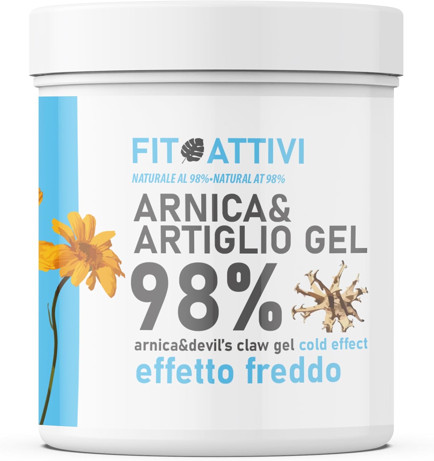 Gel Forte à l'Arnica 98% effet froid 550 ml avec Griffe du Diable, Vitamine E et Camphre, Gel de massage idéal pour les douleurs articulaires, 100% BIO Ingrédients Made in Italy - FITOATTIVI 550ml