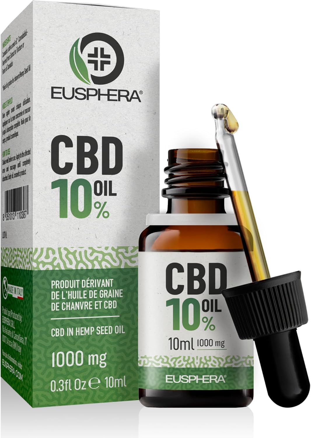 EUSPHERA - Huile de Chanvre 10% Pure 100% Huile de CBD Naturelle Avec Oméga 3,6,9 et Vitamines Sans Coservater Fabriqué dans l'UE 300+ Gouttes 10 ml 1000 mg