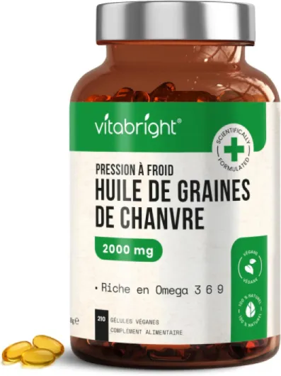 Huile de Chanvre en Gélules - 210 gélules - 2-3 Mois - 100% Pur Grains de Chanvre Pressé à Froid - Riche en Oméga 3, 6 et 9 - VitaBright Hemp Seed Oil