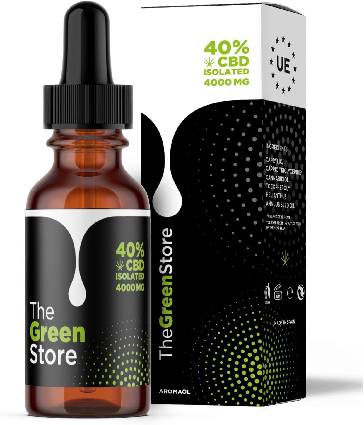 The Green Store - Huile de CBD 40% Isolat - Puissance Maximale - Pureté Optimale - 4000 mg - 0% THC - Testée en Laboratoire - Certifiée CPNP (10ml)
