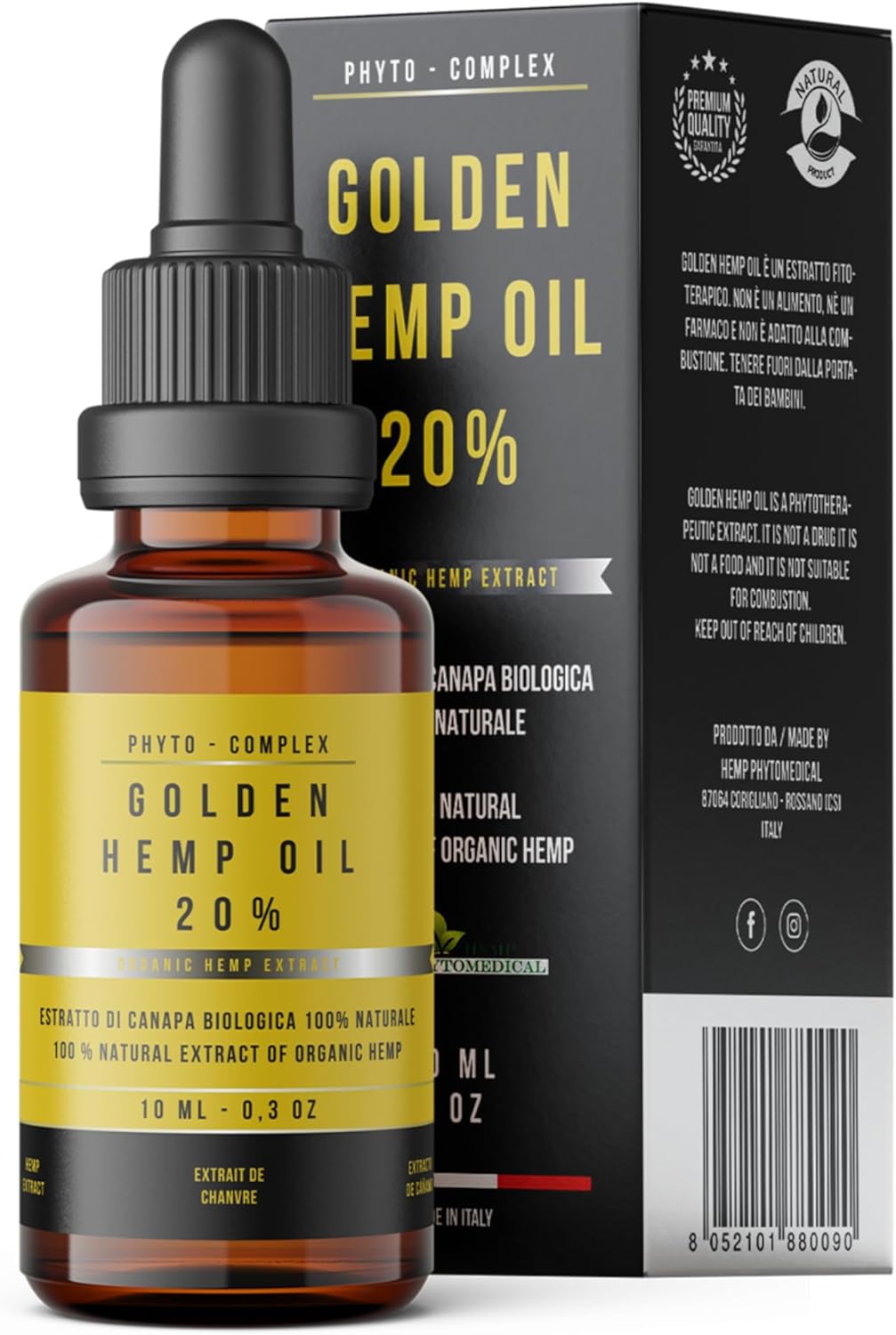 Golden Hemp Oil 20%, Huile de Chanvre 200mg/ml, Formule Phyto-Complex Spectre Large, Produit Pur et Naturel 10 ml (Lot de 1)