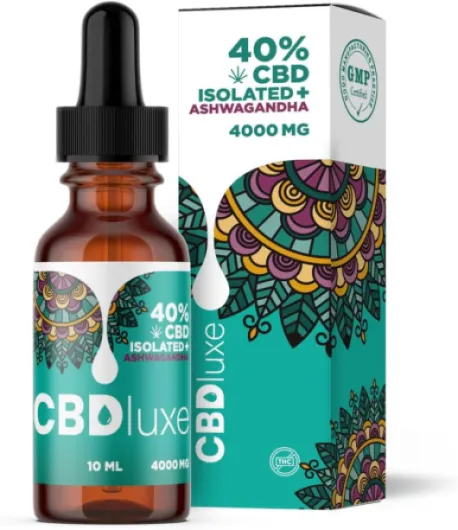 CBDluxe - Huile de CBD 40% Isolat (+Ashwagandha)- Puissance Maximale - Pureté Optimale - 4000 mg - 0% THC - Testée en Laboratoire - Certifiée CPNP
