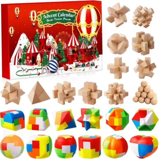 Calendrier de l'Avent 2025 Casse-Tête pour Enfants - 24 jours de Noël avec Casse Têtes en Plastiques et en Bois, Puzzles 3D, Tests de QI et Jeux de Démêlage pour Filles, Garçons, Adolescents et Homme Rouge