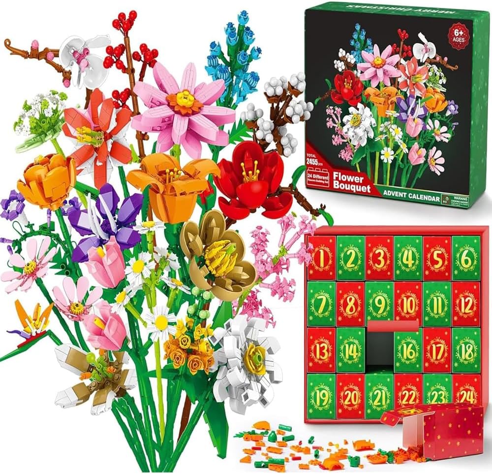 Calendrier de l'Avent 2025 pour enfants adultes adolescents, calendrier de compte à rebours de Noël avec bouquet de fleurs, briques de fleurs sauvages artificielles, coffret cadeau (A)