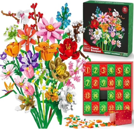 Calendrier de l'Avent 2025 pour enfants adultes adolescents, calendrier de compte à rebours de Noël avec bouquet de fleurs, briques de fleurs sauvages artificielles, coffret cadeau (A)