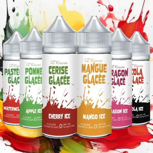 E-LIQUIDE PACK DE 6 FIOLES IZY DE 50ML (SAVEURS : PASTEQUE GLACÉE, POMME GLACÉE, CERISE GLACÉE, MANGUE GLACÉE, DRAGON GLACÉ, COLA GLACÉ) - MB - E-CIGARETTE - SANS TABAC - SANS NICOTINE