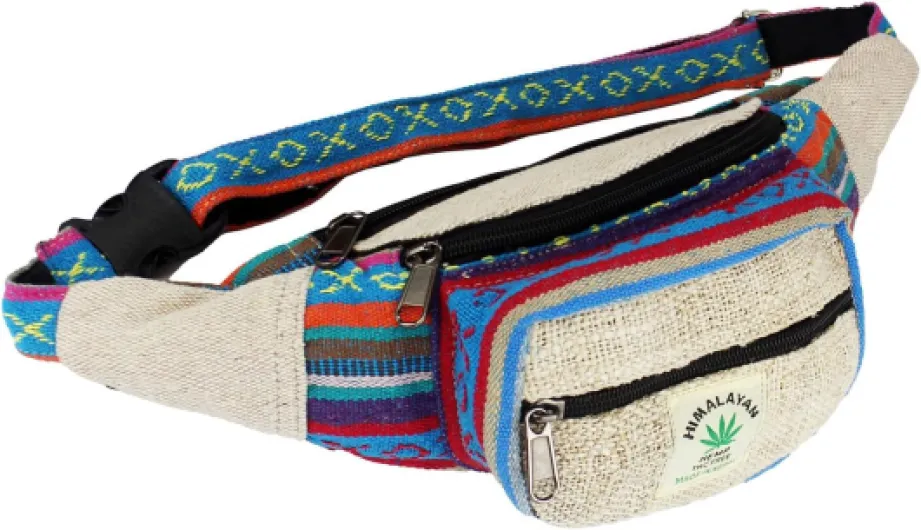 HIMALAYAN Sac Banane en Tissu de Chanvre, Multifonctionnel, Fait Main au Népal, Design Ethnique, décontracté, avec 3 Fermetures éclair, Taille Unique, bandoulière réglable (Multicolore), Beige, única