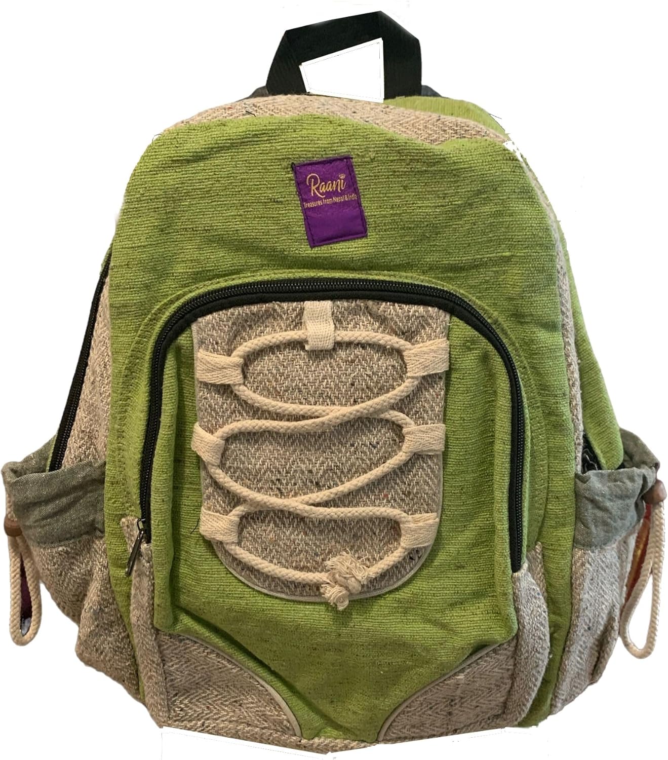 Sac à dos fabriqué à la main en coton et chanvre - Durable et respectueux de l'environnement - Bretelles réglables, poches avant zippées - Parfait pour les voyages légers et un usage quotidien - Sac à