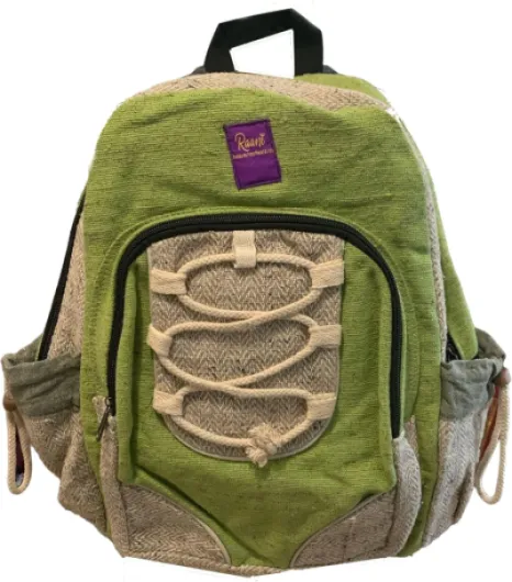 Sac à dos fabriqué à la main en coton et chanvre - Durable et respectueux de l'environnement - Bretelles réglables, poches avant zippées - Parfait pour les voyages légers et un usage quotidien - Sac à