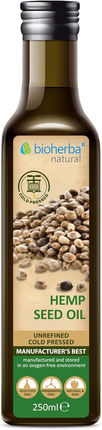 Huile de chanvre 250 ml – Huile végétale naturelle et pressée à froid - Riche en oméga 3 & 6 - Saveur douce et noisettée - BIOHERBA 1 Pièces