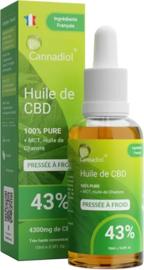 CANNADIOL 43% – Huile de CBD Pure 4300 mg – Ingrédients Français – Qualité Supérieure – Avec Huile MCT et Chanvre Pressé à Froid – Pour le Sommeil et la Relaxation – 10 ml