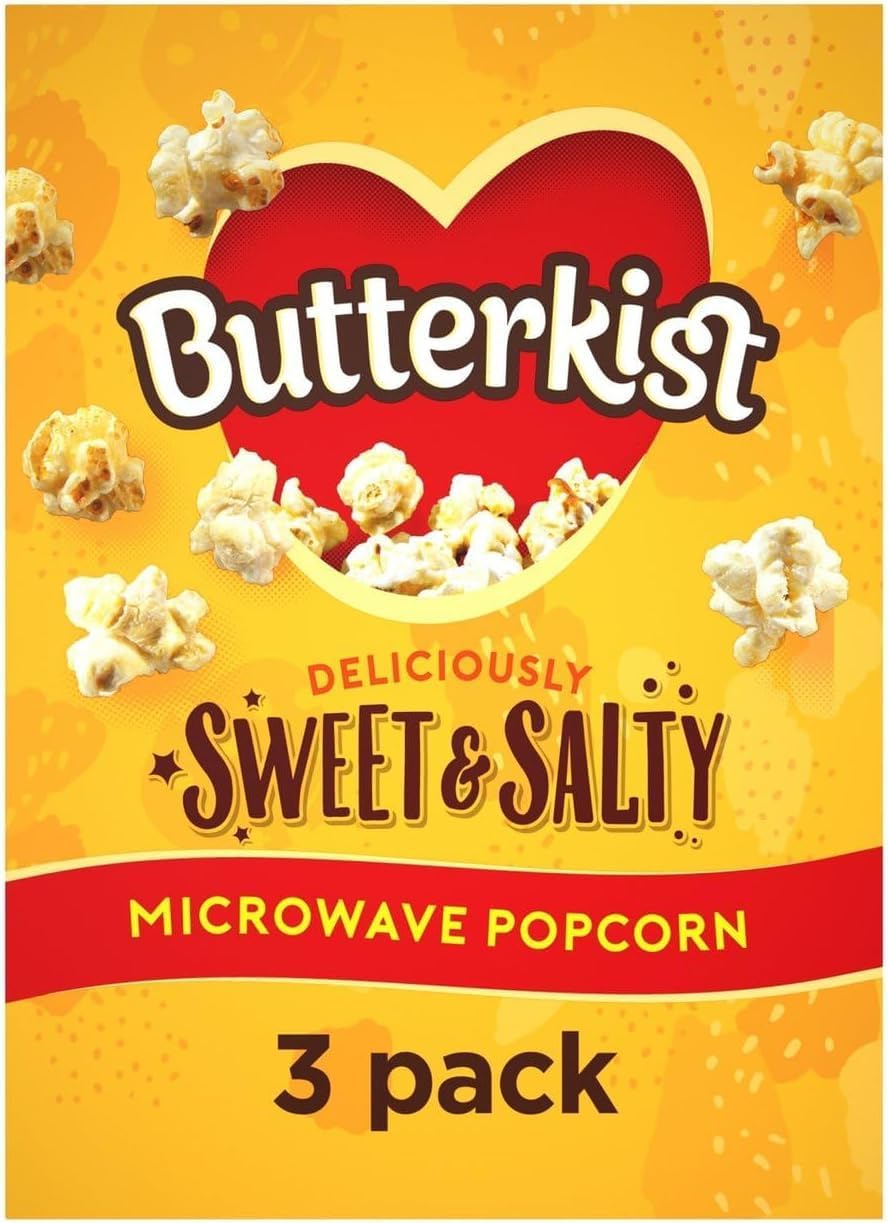 Butterkist - Popcorn au micro-ondes sucré et salé - 1 boîte (3 sachets de 60 g) - Prêt en 3 minutes - 128 calories par portion - Sans gluten, sans colorants ni arômes artificiels, convient aux