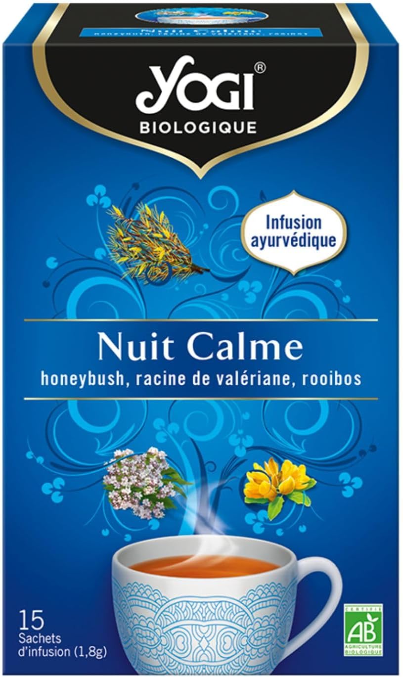 Biologique Nuit Calme, Infusion 100% Bio Honeybush, Valériane et Rooibos, 15 Sachets thermosoudés et sans agrafe, 27g