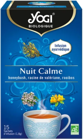 Biologique Nuit Calme, Infusion 100% Bio Honeybush, Valériane et Rooibos, 15 Sachets thermosoudés et sans agrafe, 27g