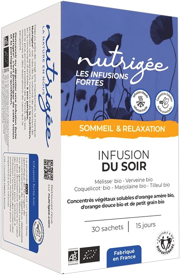 Infusion Du Soir Bio - Sommeil Naturel & Réparateur - Tilleul, Passiflore, Eschscholzia, Mélisse, Marjolaine - Huiles Essentielles Orange Douce & Petit Grain - Détente - 30 Sachets