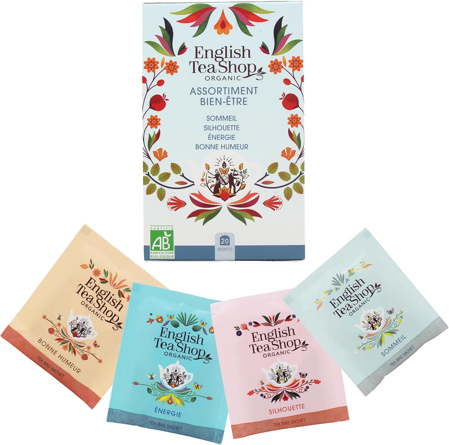 Assortiment d’infusions bien-être bio – Tisane sommeil, silhouette, énergie, bonne humeur – Boîte de 20 sachets 20 sachets Bien-être