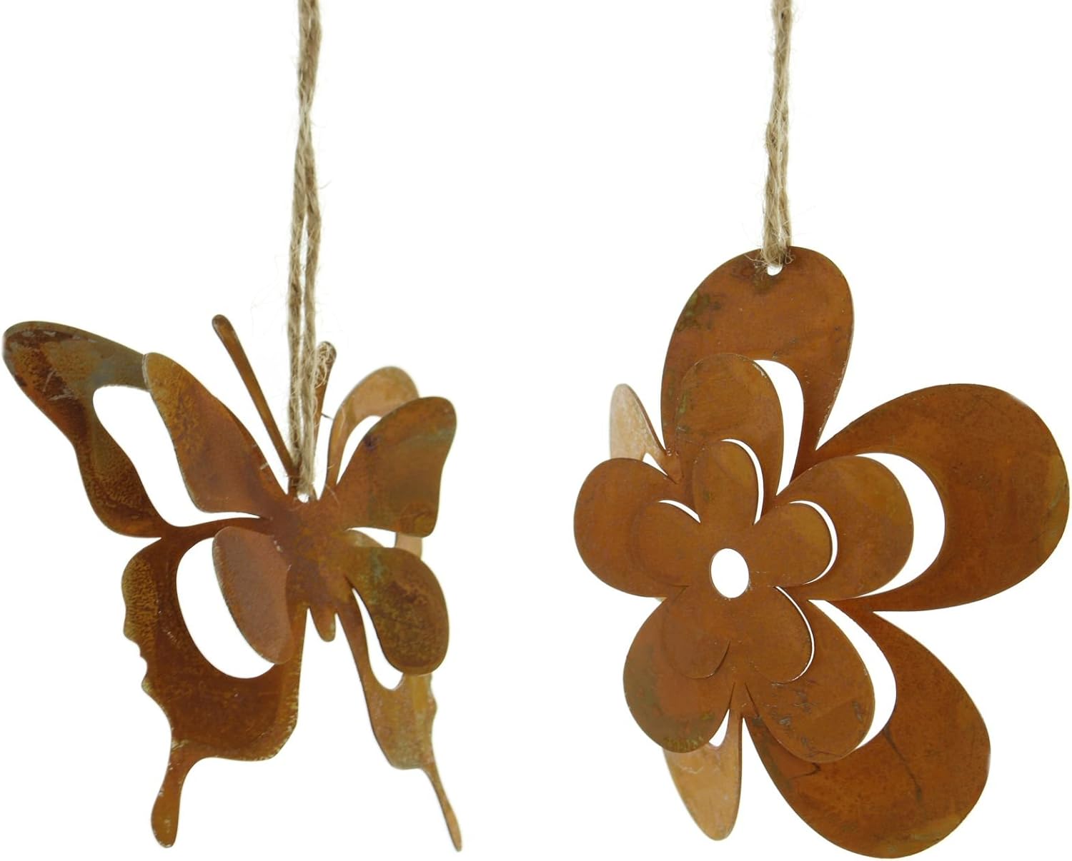 Frank Flechtwaren - Suspensions métal, déco façon métal rouillé, rustique ficelle de chanvre, fleurs Ø 8 cm, papillon Ø 9 cm, ornement, pour Pâques