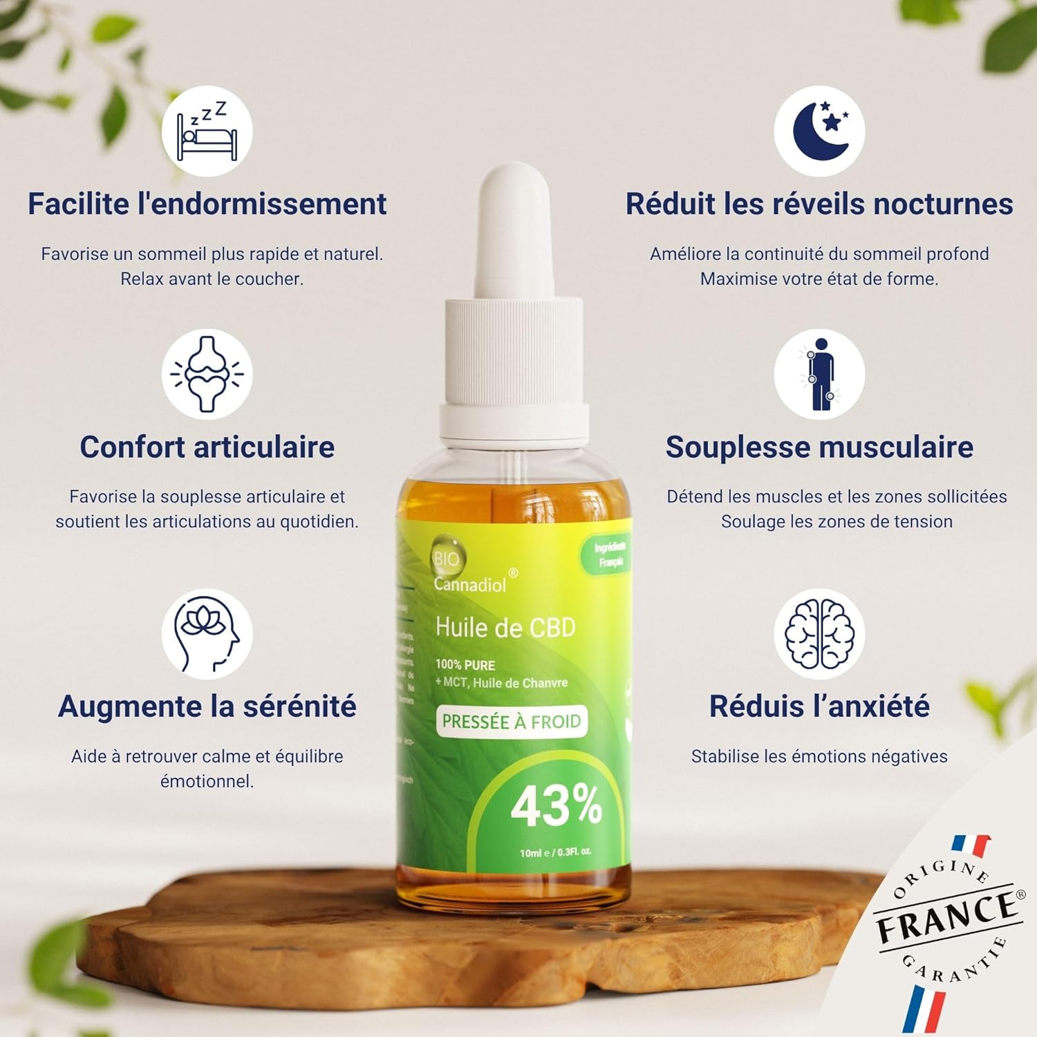 CANNADIOL 43% – Huile de CBD Pure 4300 mg – Ingrédients Français – Qualité Supérieure – Avec Huile MCT et Chanvre Pressé à Froid – Pour le Sommeil et la Relaxation – 10 ml