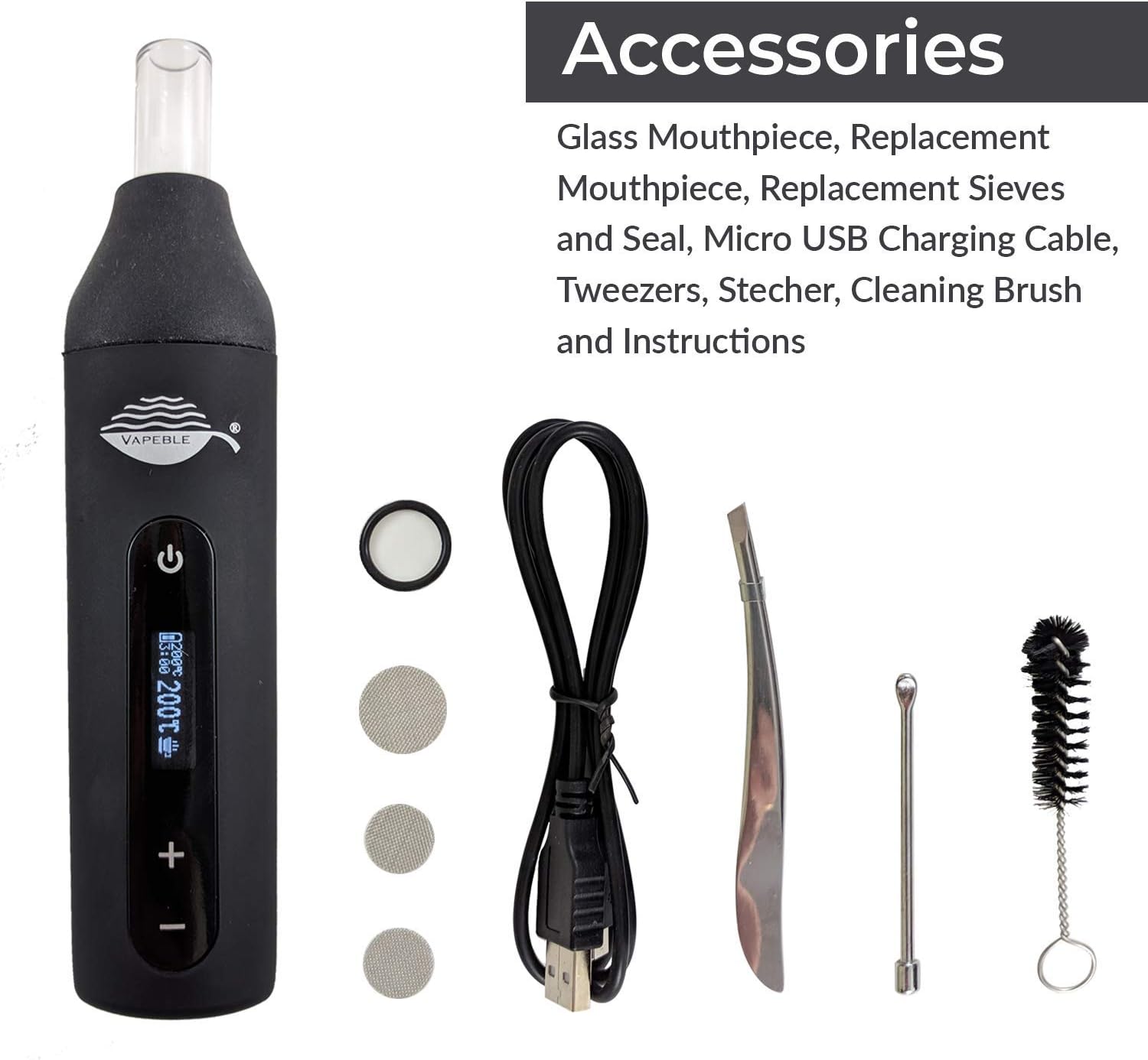 Vaporizer Nebel - Vaporisateur avec embout en verre, écran OLED et contrôle continu de la température - Réalise des super-vape aux herbes sèches.