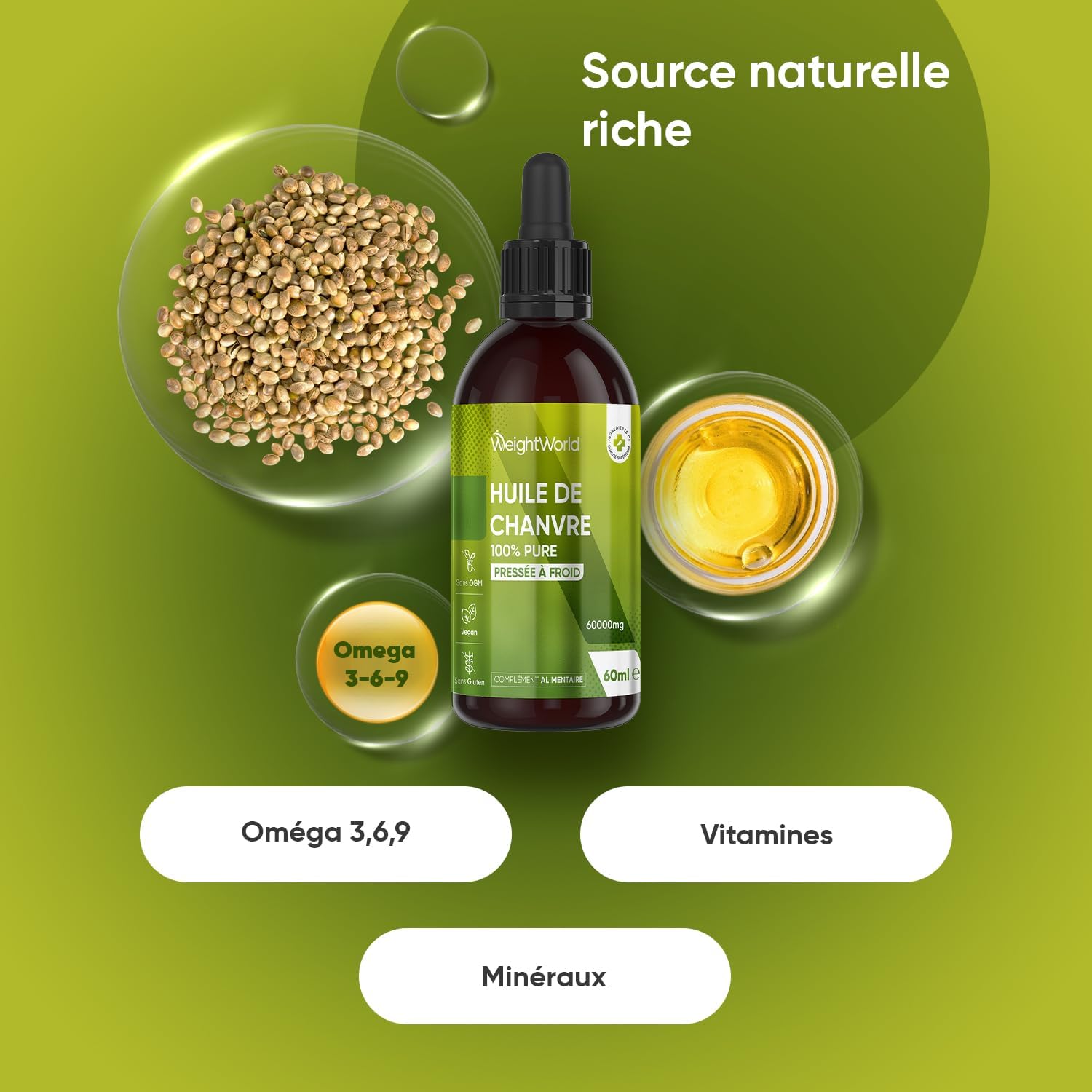 Huile de Graines de Chanvre Pure 60ml 60000mg - Pressée à Froid & Multi-Usages, Graines de Chanvre Source d'Acides Gras Essentiels Oméga 3 6 9, Hemp Seed Oil Gouttes Omega 3 Vegan