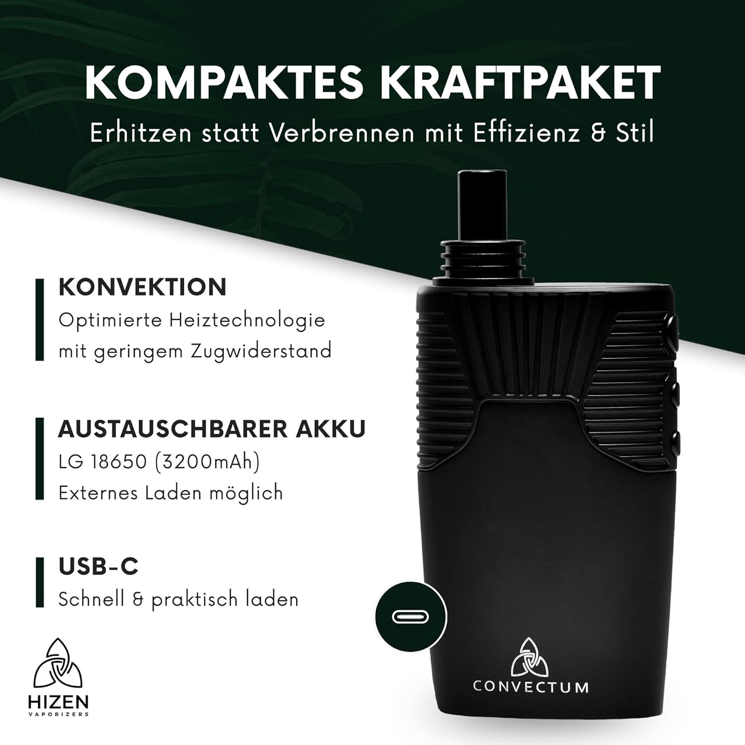 HIZEN Convectum Vaporisateur + Kit filtre à eau, évaporateur pour herbes, convection, USB-C, batterie remplaçable (3200 mAh), voies d'air isolées, 2 embouts buccaux