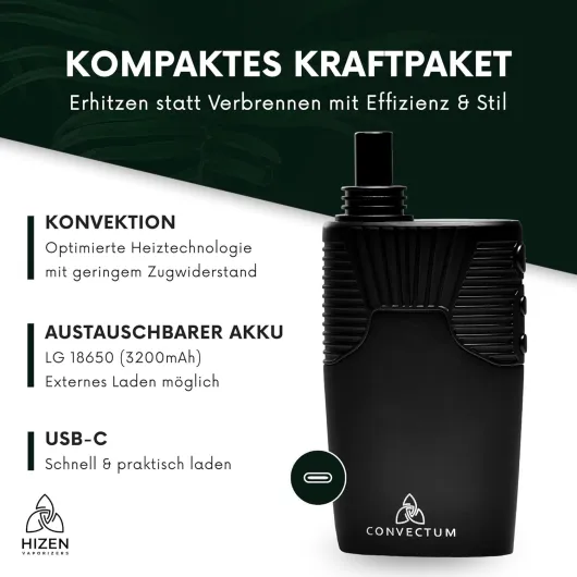 HIZEN Convectum Vaporisateur + Kit filtre à eau, évaporateur pour herbes, convection, USB-C, batterie remplaçable (3200 mAh), voies d'air isolées, 2 embouts buccaux