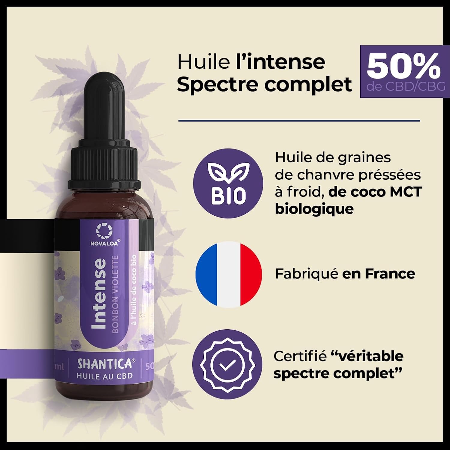 Huile L'Intense - À Partir d'Huile de Graines de Chanvre Pressées à Froid 5000mg - Bonbons Violettes & Fruits Rouges - Fabriquée en France - 10 ml